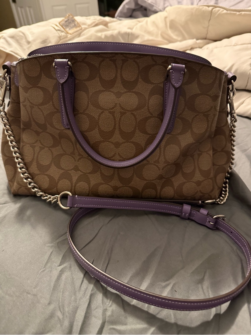 Coach Brown Signature Canvas Satchel with Lavender Trim - Picture 2 of 7